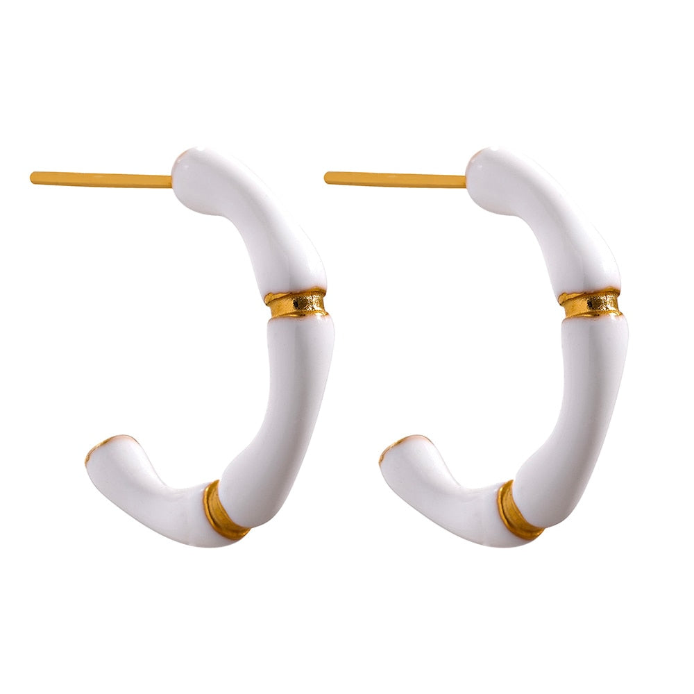 Hoop Earrings - White Yellow Enamel Bamboo Style - Boncuque Store