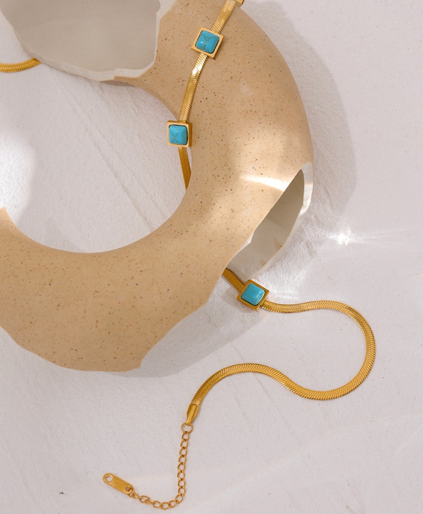 Gold Plated Stainless Steel Snake Chain Necklace With Turquoise Stones - Boncuque Store