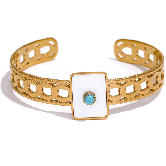 Gold Plated Stainless Steel Bracelet Turquoise Stone & Square Shell - Boncuque Store