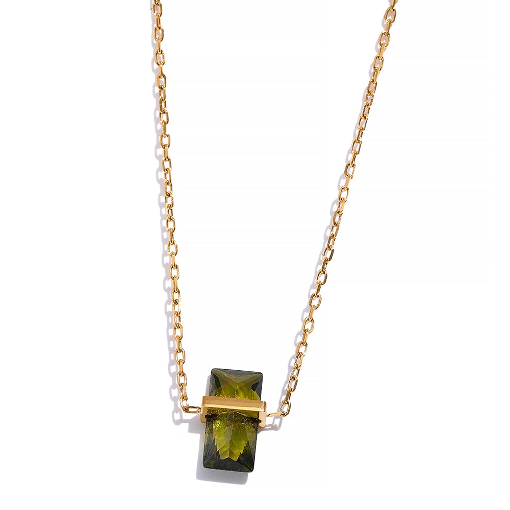 Stainless Steel Necklace with Olive Green & Clear Cubic Zirconia - Boncuque Store