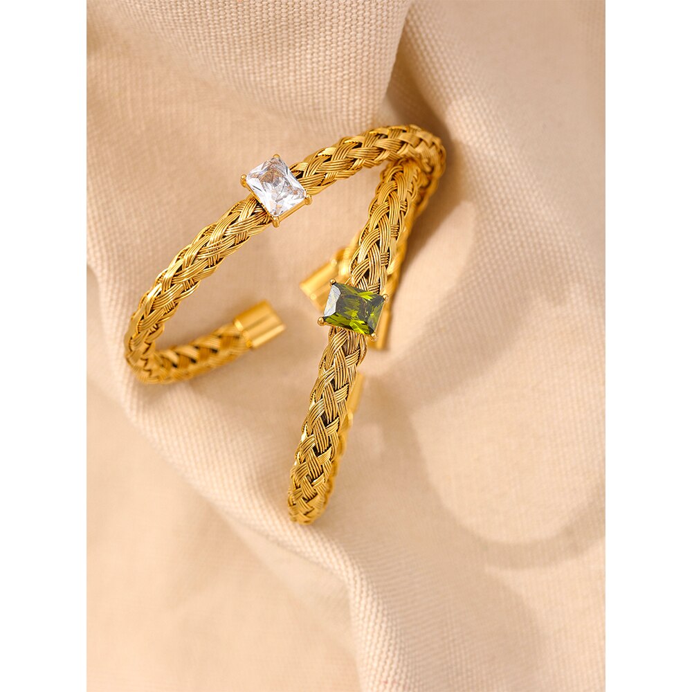 18K Gold Plated Knitted Twisted Open Bangle Cubic Zirconia Stainless Steel - Boncuque Store