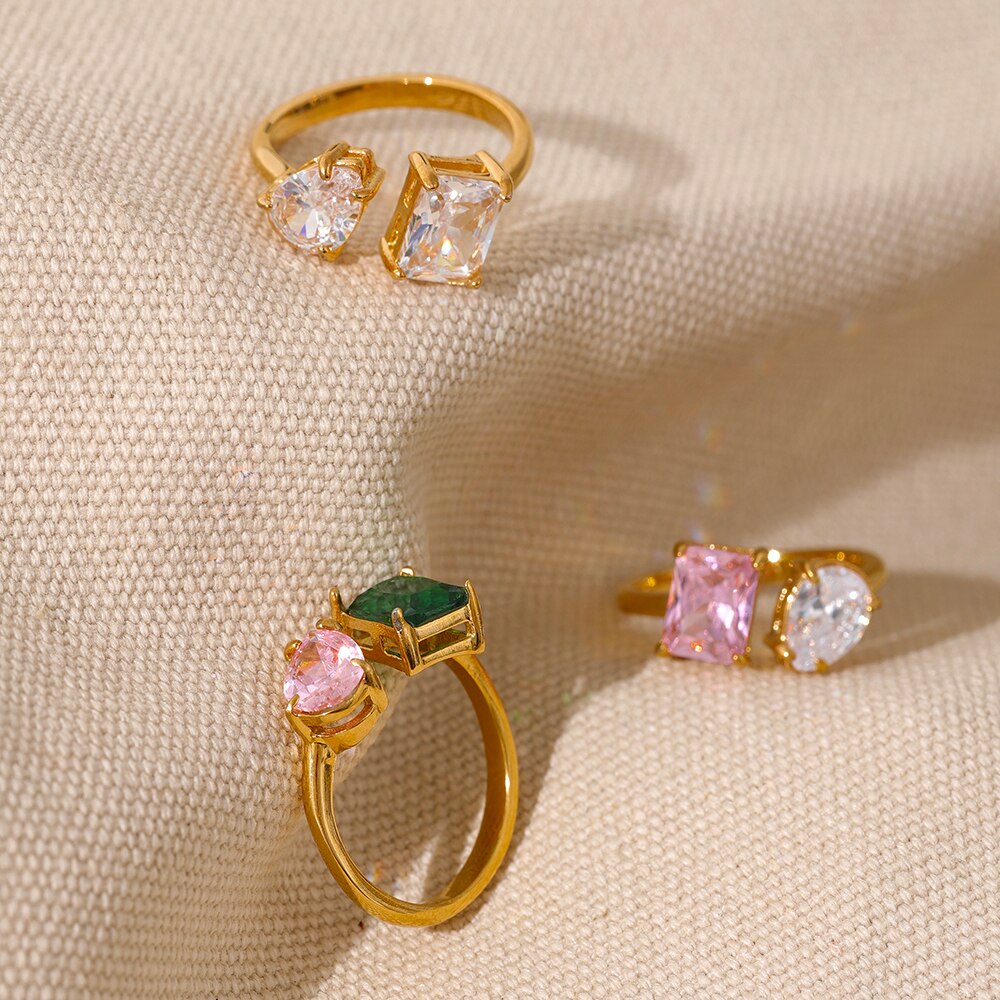 Gold Color Stainless Steel Open Ring Cubic Zirconia White Green Pink - Boncuque Store