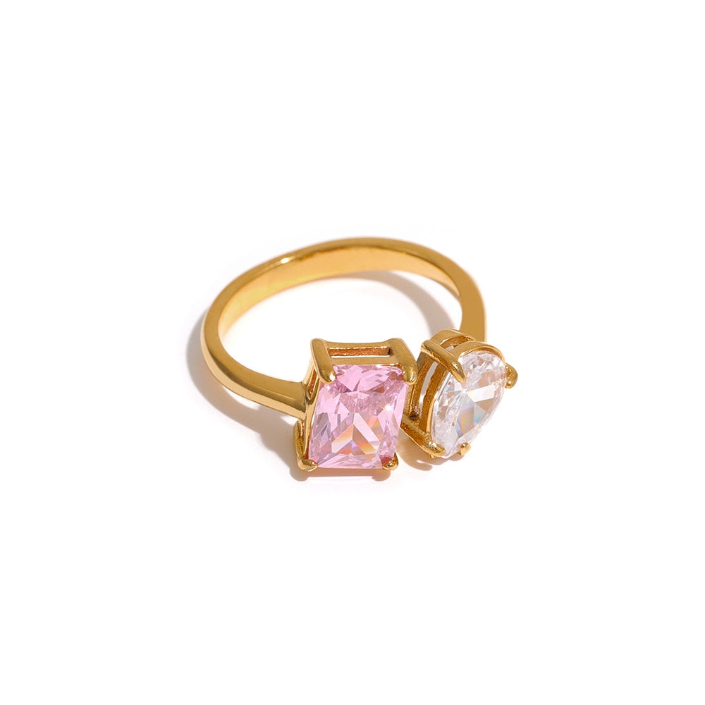 Gold Color Stainless Steel Open Ring Cubic Zirconia White Green Pink - Boncuque Store