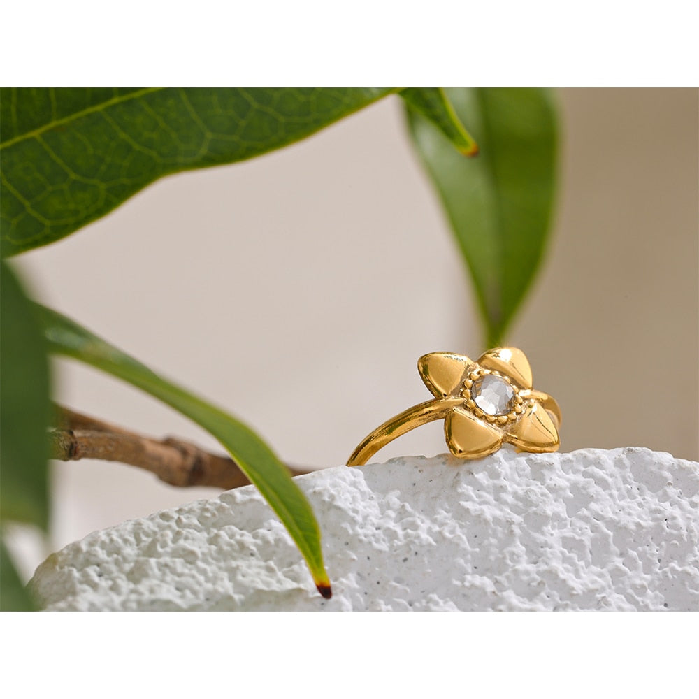 Open Golden Flower Ring White Cubic Zirconia, Real Gold Plated - Boncuque Store