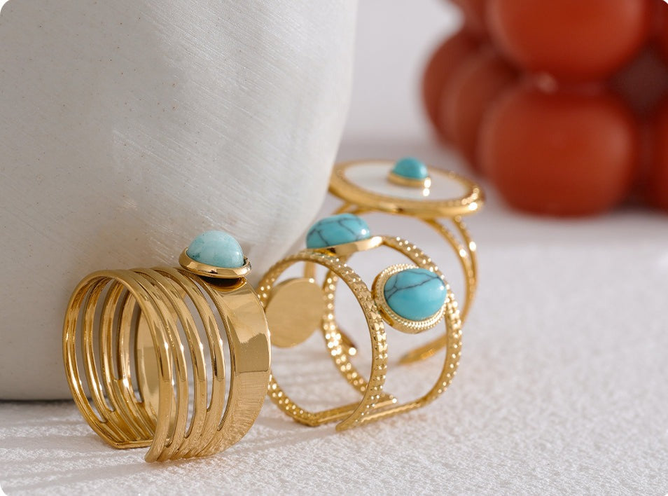 Adjustable Turquoise Stone Gold Color Stainless Steel Ring - Boncuque Store