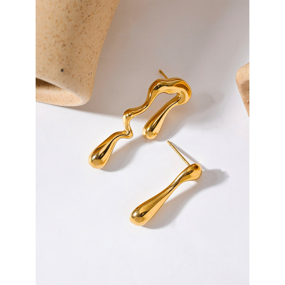 Gold Plated Asymmetric Stylish Stud Earrings, Stainless Steel - Boncuque Store