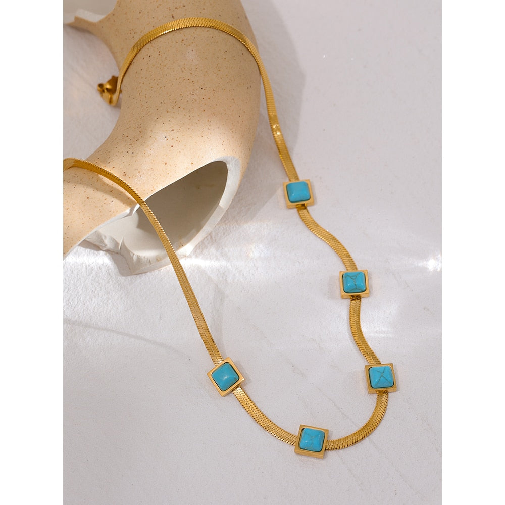 Gold Plated Stainless Steel Snake Chain Necklace With Turquoise Stones - Boncuque Store