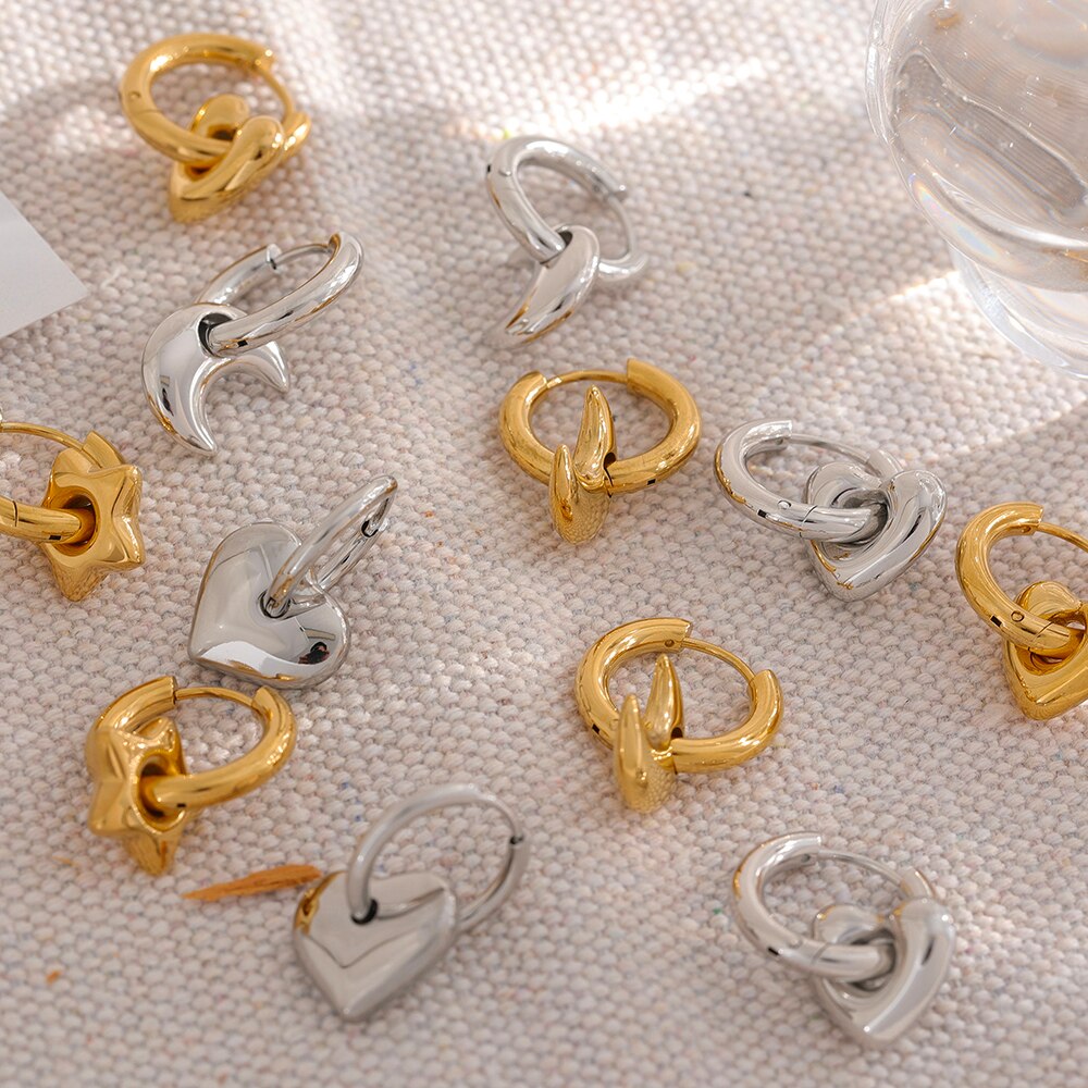 18K Gold Plated Huggie Hoops Earrings With Star Moon Heart Pendants - Boncuque Store