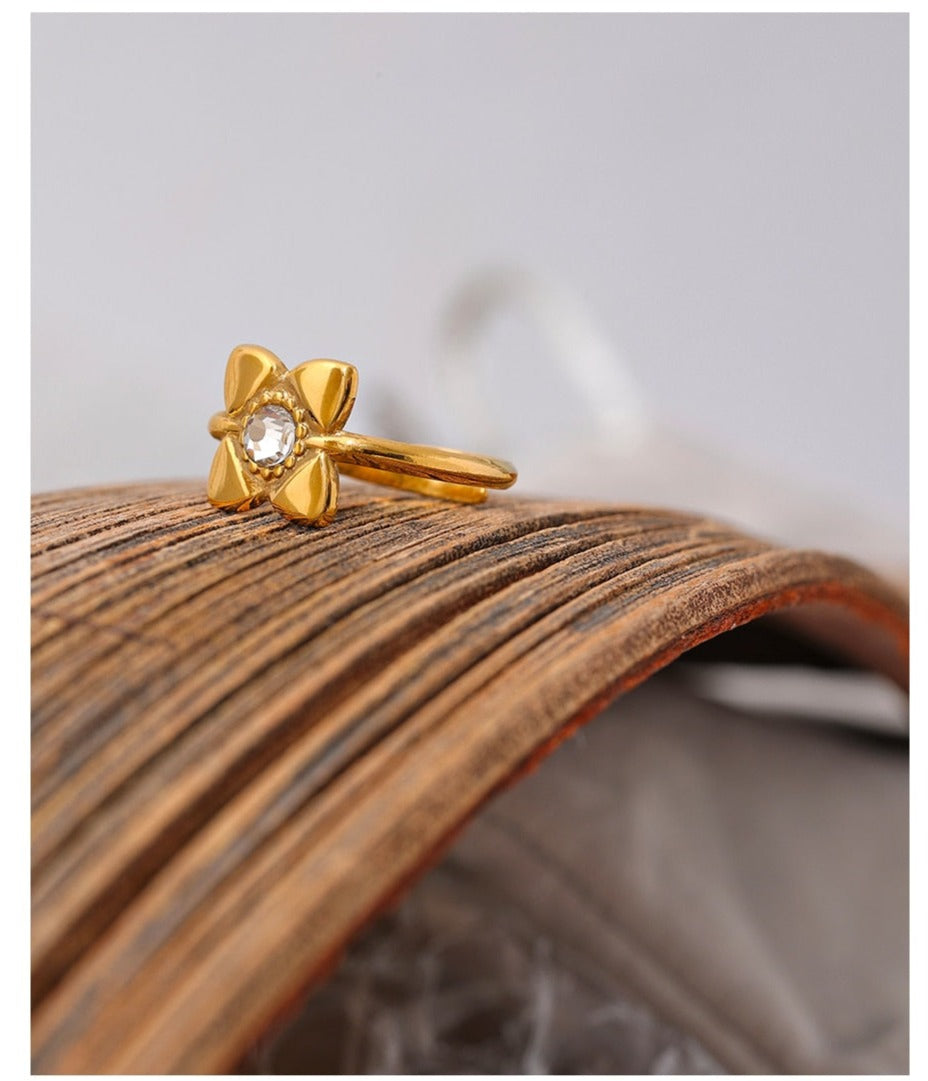 Open Golden Flower Ring White Cubic Zirconia, Real Gold Plated - Boncuque Store