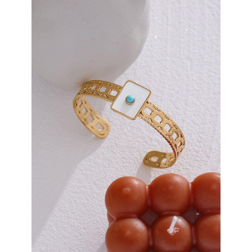 Gold Plated Stainless Steel Bracelet Turquoise Stone & Square Shell - Boncuque Store