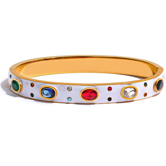 White Enamel & Colorful Cubic Zirconia Stainless Steel Bangle, 18K Gold Plated - Boncuque Store