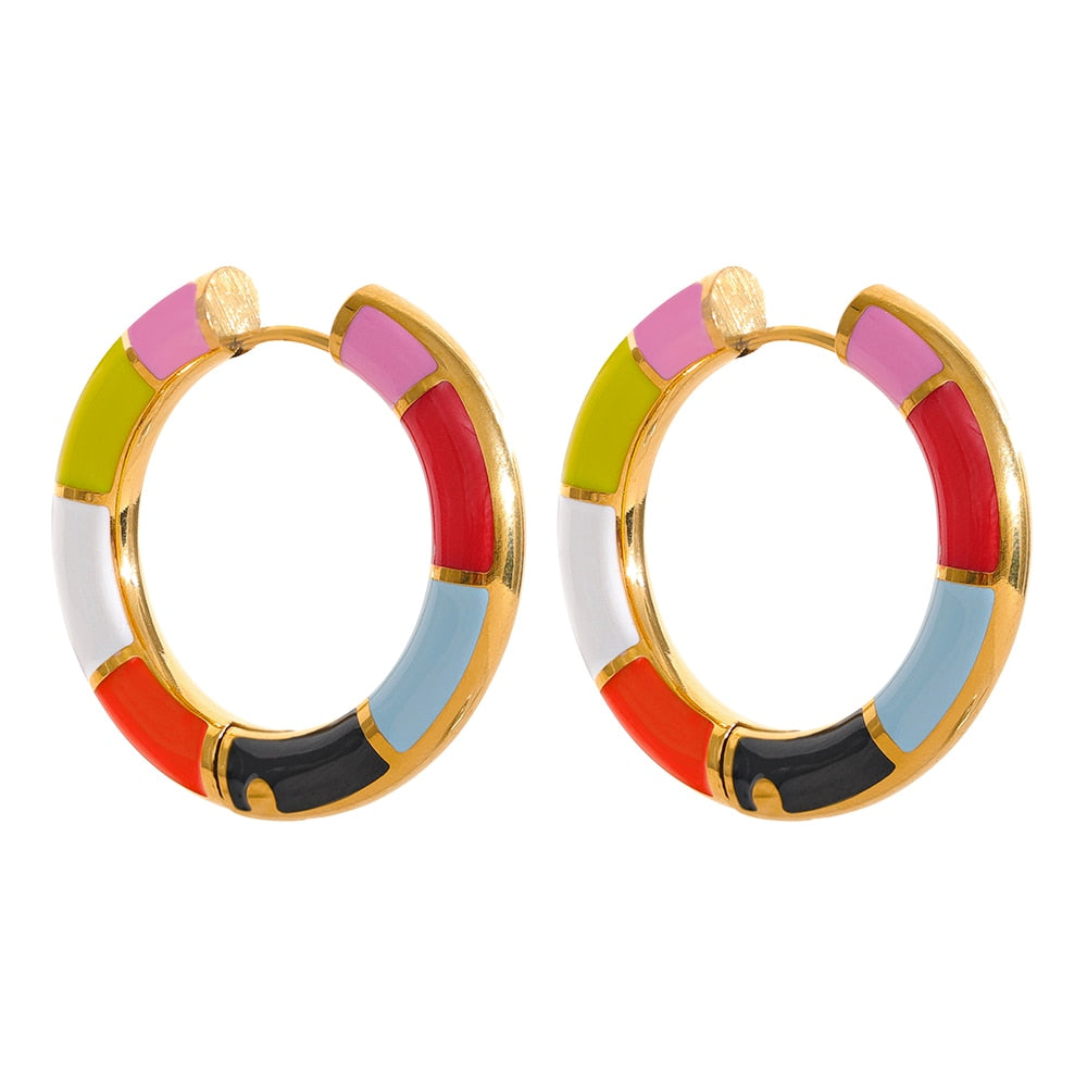 Dainty Enamel Stainless Steel Colorful Round Hoop Earrings - Boncuque Store