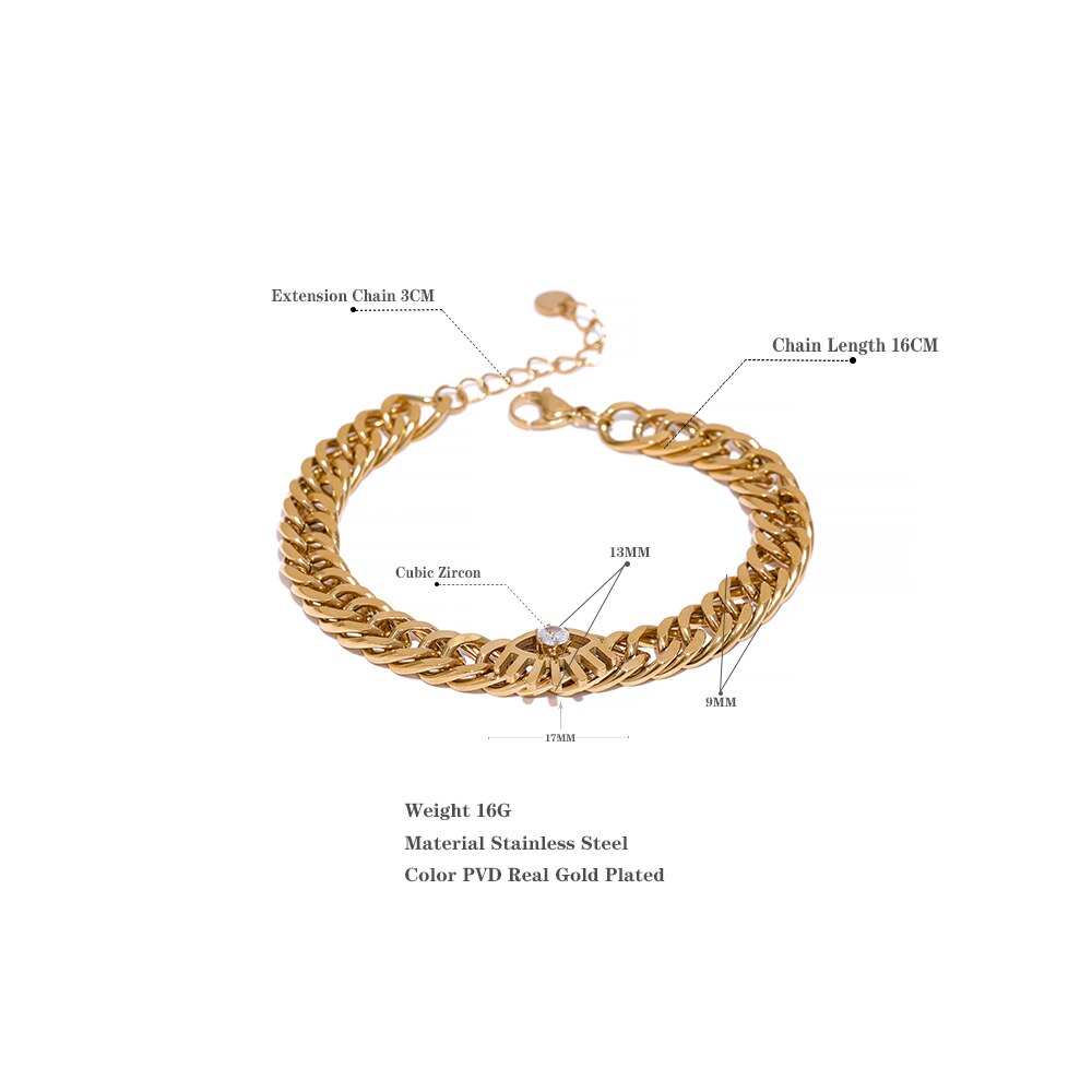 Stainless Steel Cubic Zirconia Eye Chain Polished Gold Bracelet, Gold Plated - Boncuque Store