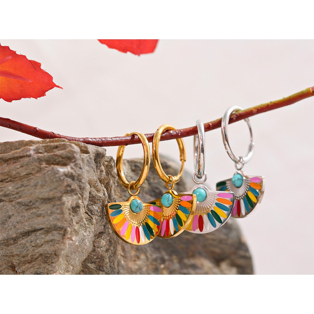 Dainty Colorful Enamel Rainbow Hoop Earrings Stainless Steel - Boncuque Store