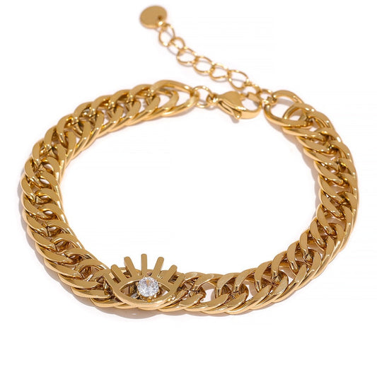 Stainless Steel Cubic Zirconia Eye Chain Polished Gold Bracelet, Gold Plated - Boncuque Store