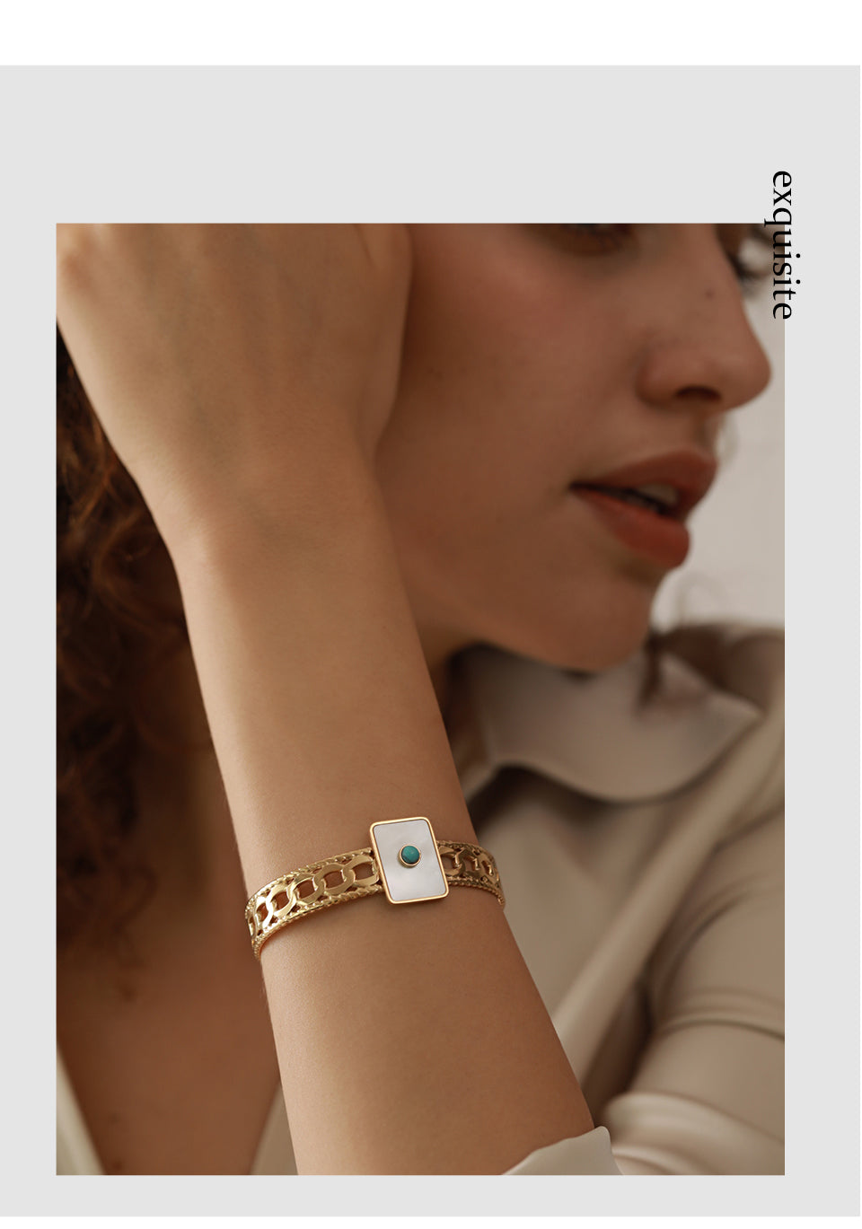 Gold Plated Stainless Steel Bracelet Turquoise Stone & Square Shell - Boncuque Store