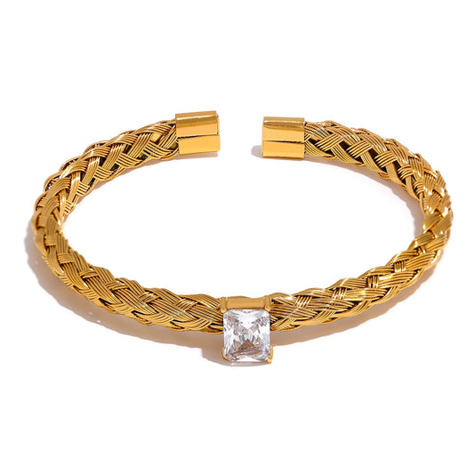 18K Gold Plated Knitted Twisted Open Bangle Cubic Zirconia Stainless Steel - Boncuque Store