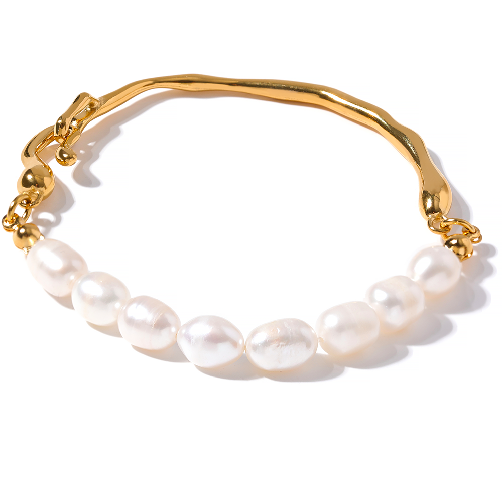 Stainless Steel 18k Gold Color Natural Freshwater Pearls Bangle/ Bracelet - Boncuque Store