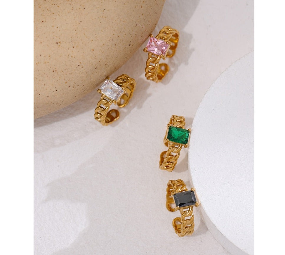 Multi-Color Colorful Stainless Steel 18K Plated Cubic Zirconia Chain Ring - Boncuque Store