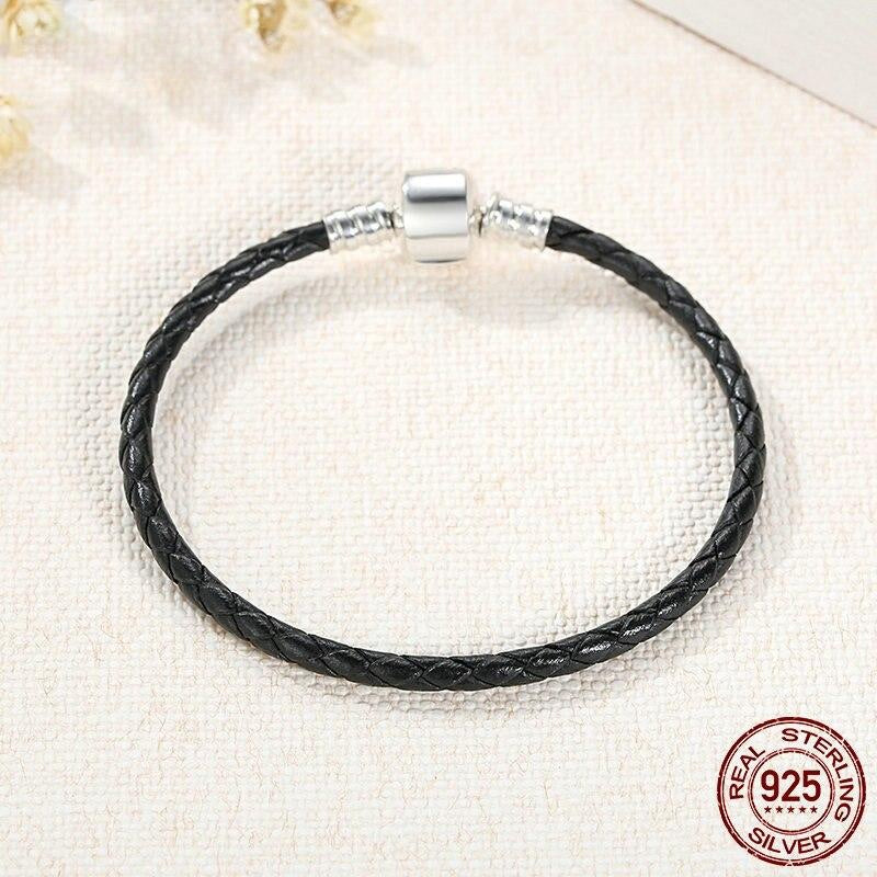 925 Sterling Silver & Real Black Leather Bracelet - Boncuque