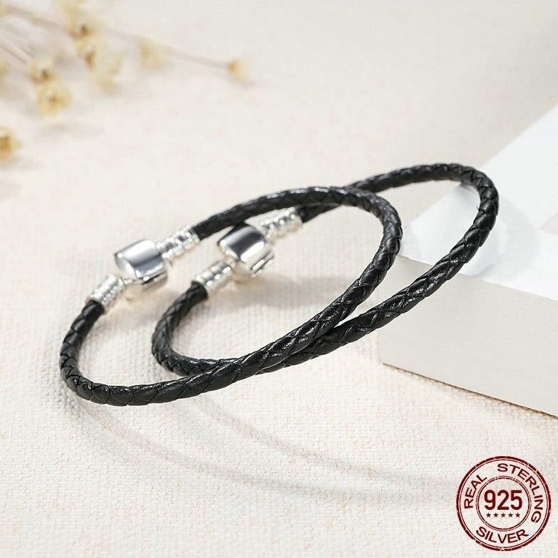 925 Sterling Silver & Real Black Leather Bracelet - Boncuque