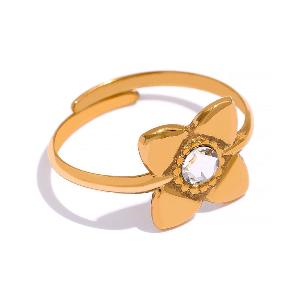 Open Golden Flower Ring White Cubic Zirconia, Real Gold Plated - Boncuque Store