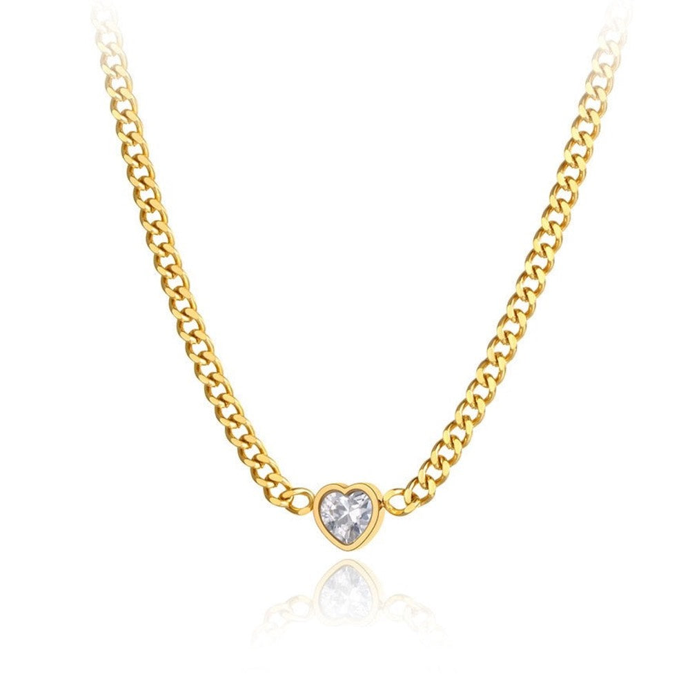 AAA Cubic Zirconia Heart Pendant Necklace Stainless Steel Gold Plated - Boncuque Store