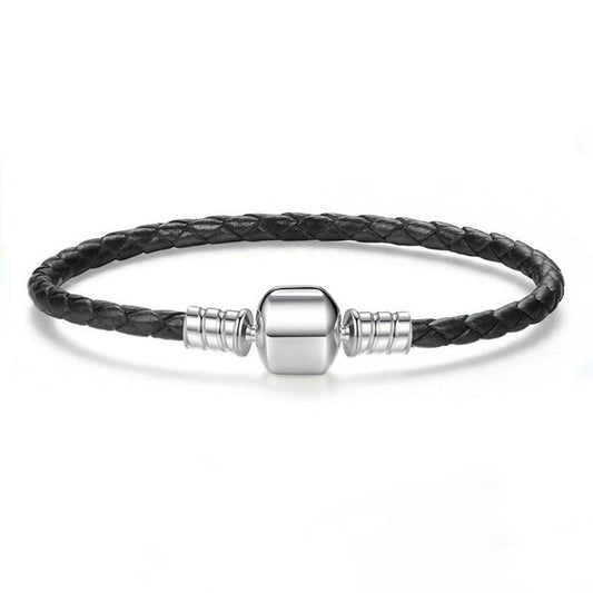 925 Sterling Silver & Real Black Leather Bracelet - Boncuque