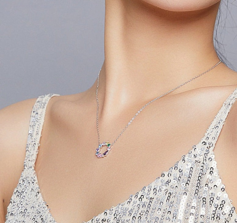 925 Sterling Silver Colorful Cubic Zirconia Circle Necklace - Boncuque Store