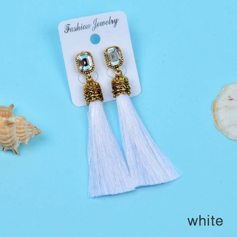 Boho Earrings Long Silk Tassel Earrings with Cubic Zirconia, in Different Colors - Boncuque