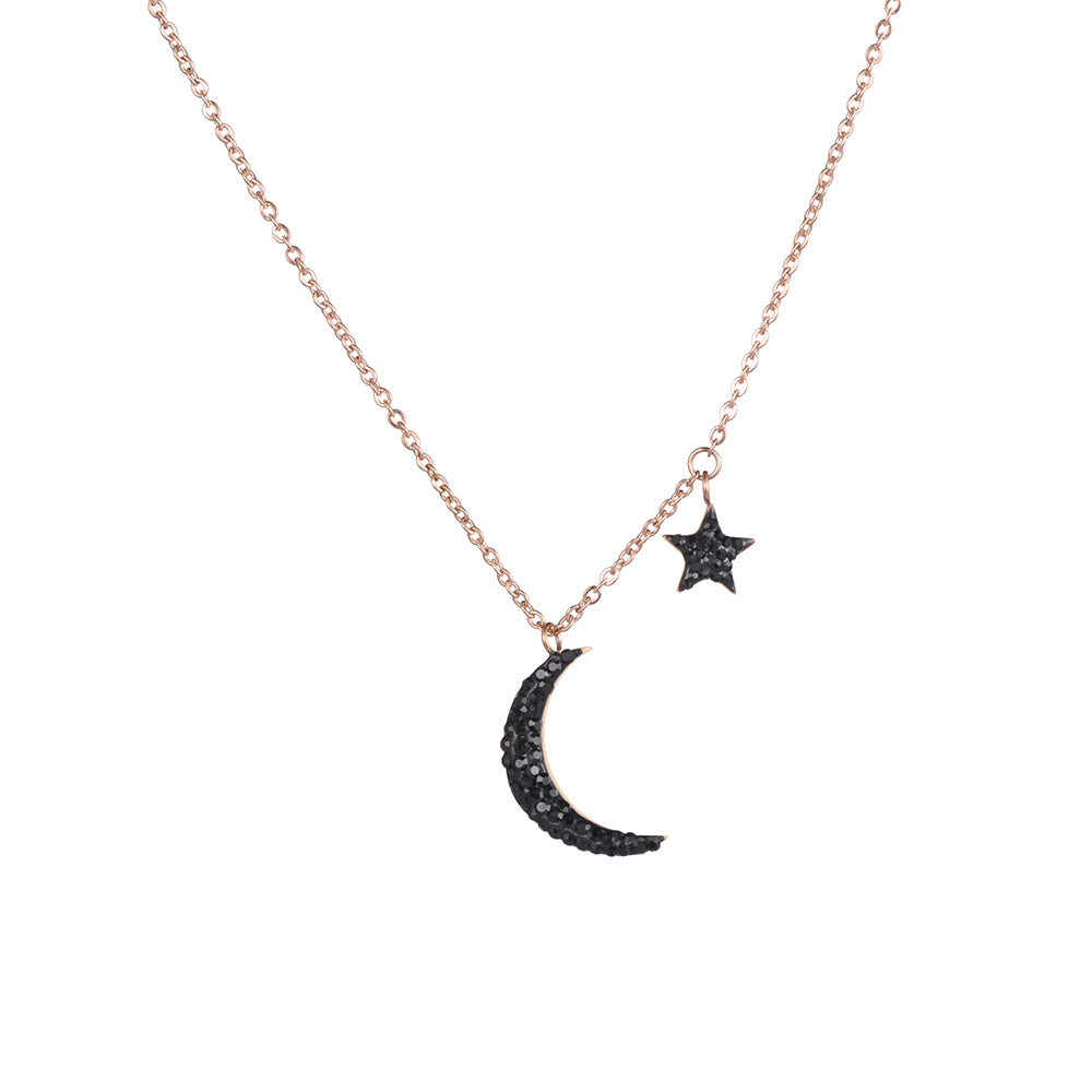 Stainless Steel Gold Plated Rose Gold Necklace With Black Rhinestones Moon Pendant - Boncuque Store