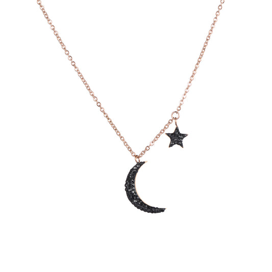 Stainless Steel Gold Plated Rose Gold Necklace With Black Rhinestones Moon Pendant - Boncuque Store