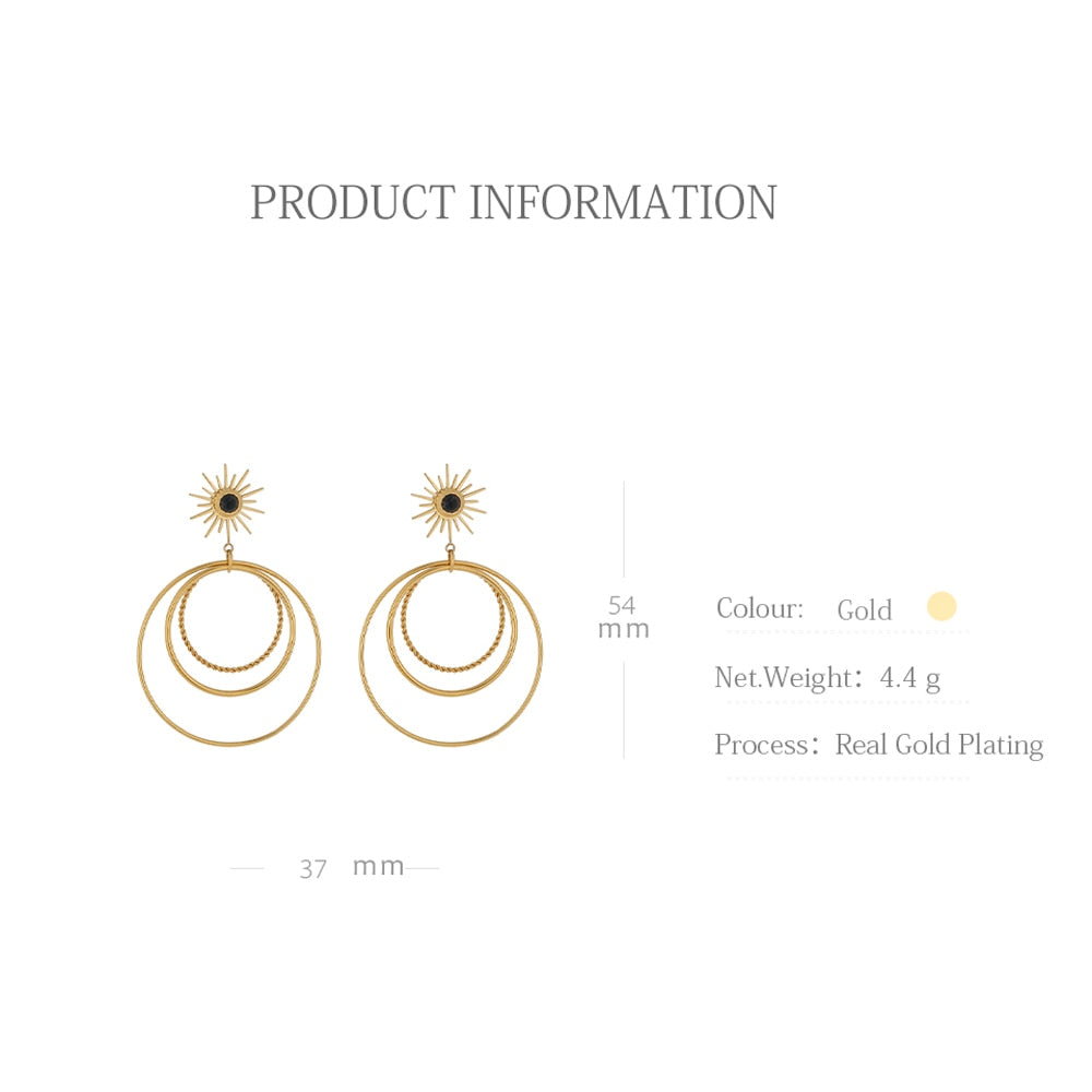Round Multi-layer Dangle Earrings Gold Color Stainless Steel Metal - Boncuque