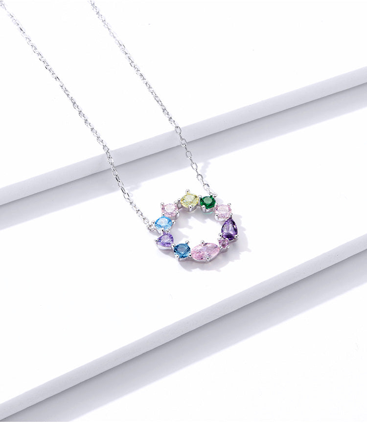 925 Sterling Silver Colorful Cubic Zirconia Circle Necklace - Boncuque Store