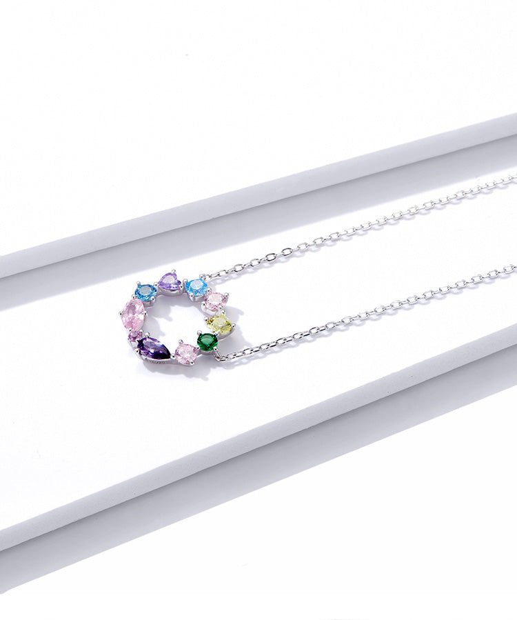 925 Sterling Silver Colorful Cubic Zirconia Circle Necklace - Boncuque Store