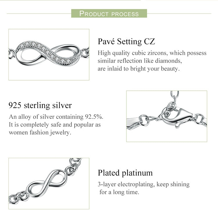 Authentic 925 Sterling Silver Infinity Love Chain, Adjustable Bracelet - Boncuque