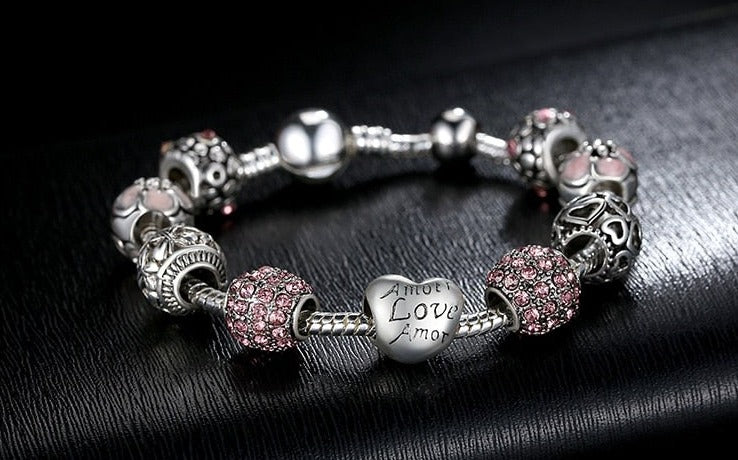 Silver Plated Charm Bracelet with Love and Flower Beads - Boncuque