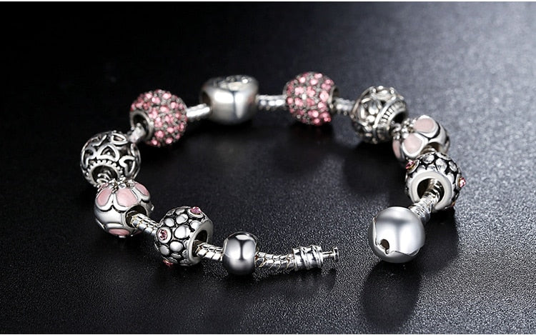 Silver Plated Charm Bracelet with Love and Flower Beads - Boncuque