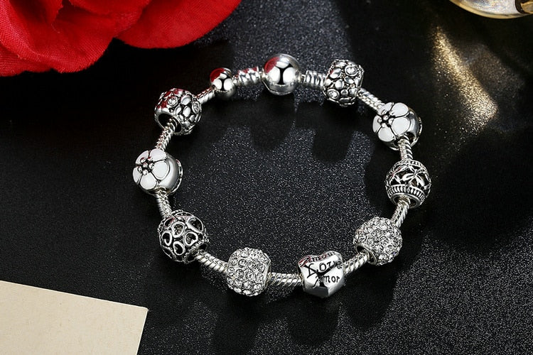 Silver Plated Charm Bracelet with Love and Flower Beads - Boncuque