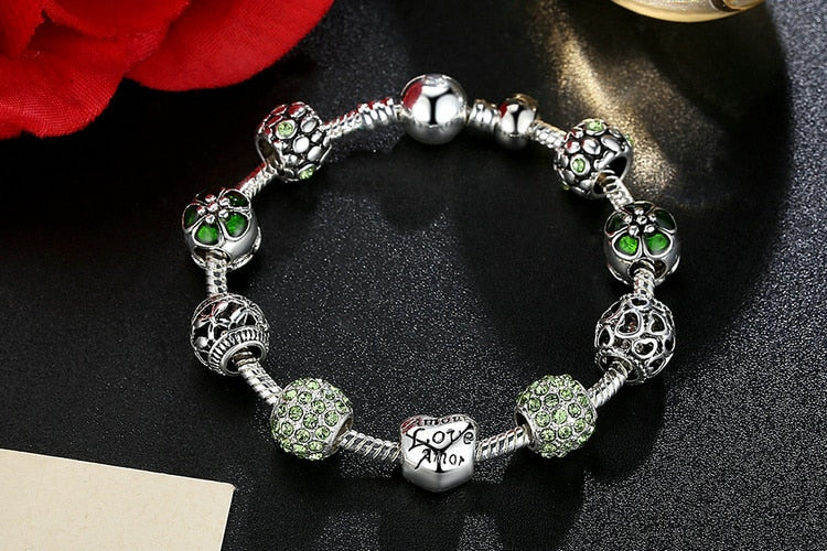 Silver Plated Charm Bracelet with Love and Flower Beads - Boncuque