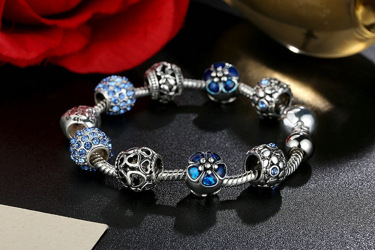 Silver Plated Charm Bracelet with Love and Flower Beads - Boncuque