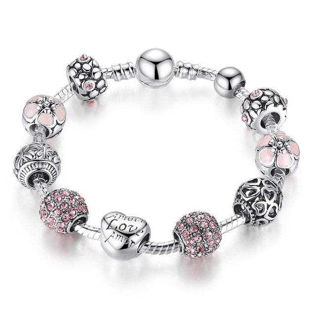 Silver Plated Charm Bracelet with Love and Flower Beads - Boncuque