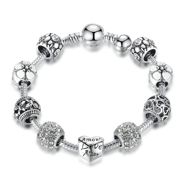 Silver Plated Charm Bracelet with Love and Flower Beads - Boncuque