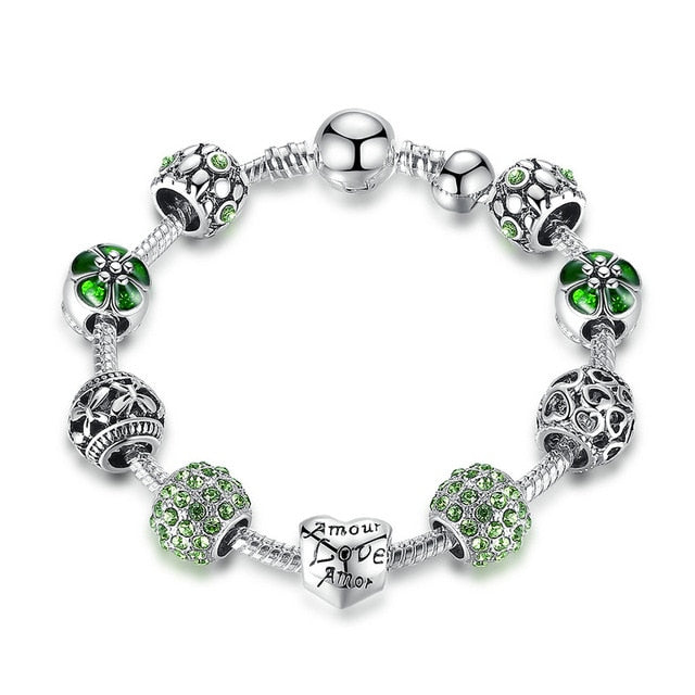 Silver Plated Charm Bracelet with Love and Flower Beads - Boncuque