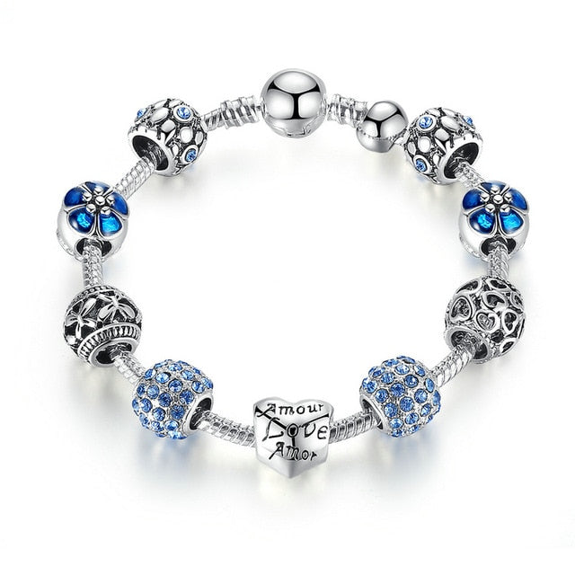 Silver Plated Charm Bracelet with Love and Flower Beads - Boncuque