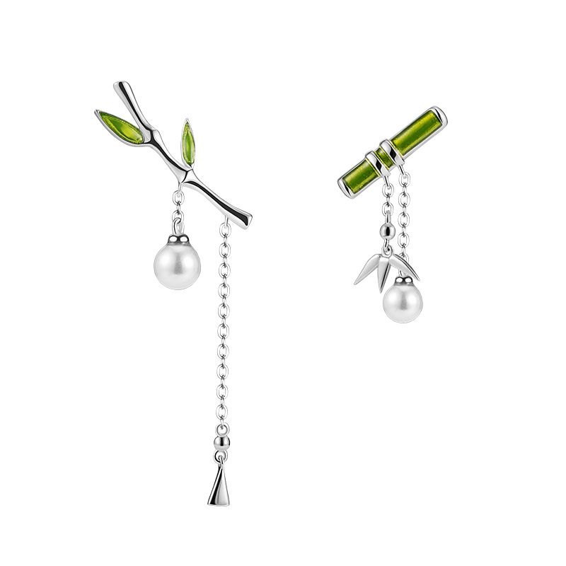 Retro Style Earrings 925 Sterling Silver Needles Earring Green Bamboo - Boncuque