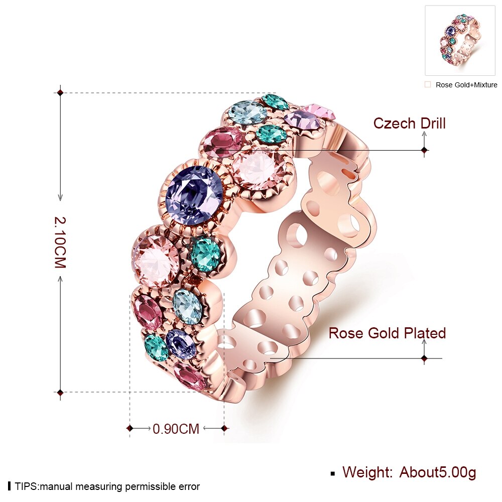 Ring Rose Gold, Colorful Ring With Inlaid Multicolor Rhinestone Tin Alloy - Boncuque