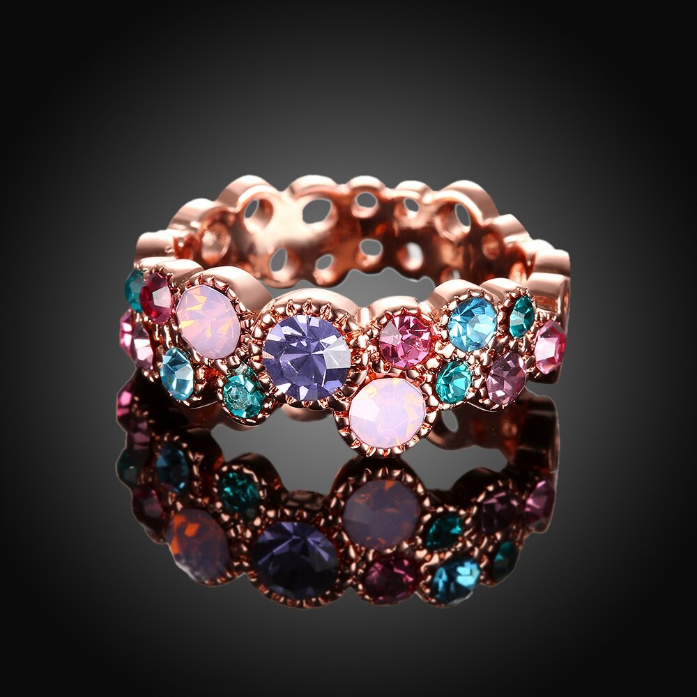 Ring Rose Gold, Colorful Ring With Inlaid Multicolor Rhinestone Tin Alloy - Boncuque