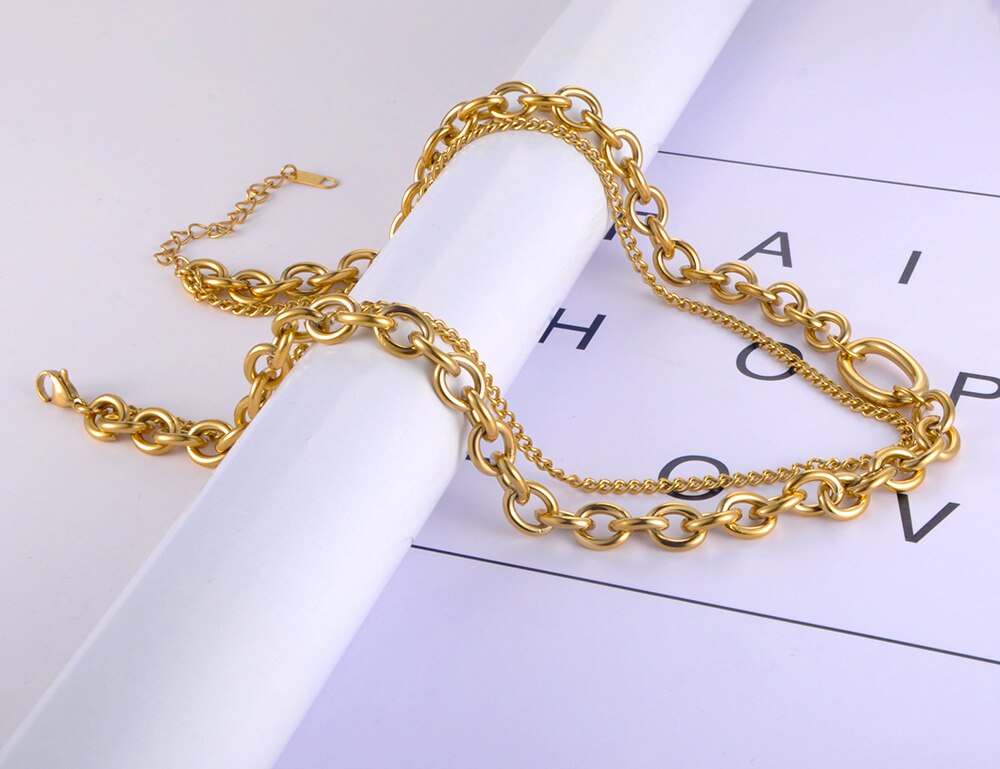 Double Layer Chain Necklace Stainless Steel, Gold Plated - Boncuque Store