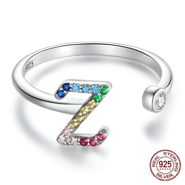 Letter Rings 925 Sterling Silver Cubic Zirconia, Adjustable Ring Size 6-8 - Boncuque